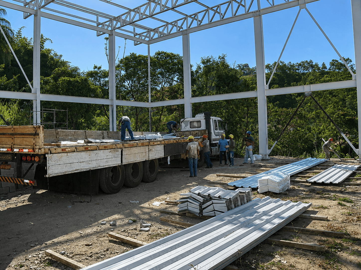 Descarregamento de telhas metálicas durante a montagem da cobertura