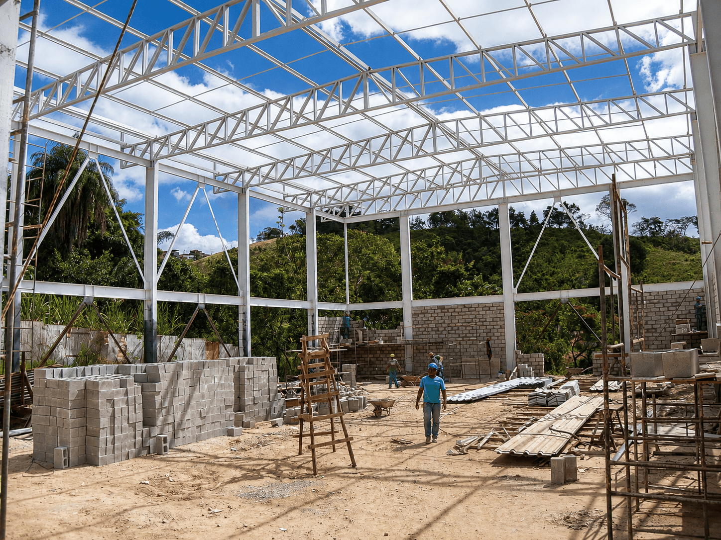 Execução de alvenaria estrutural sob estrutura metálica